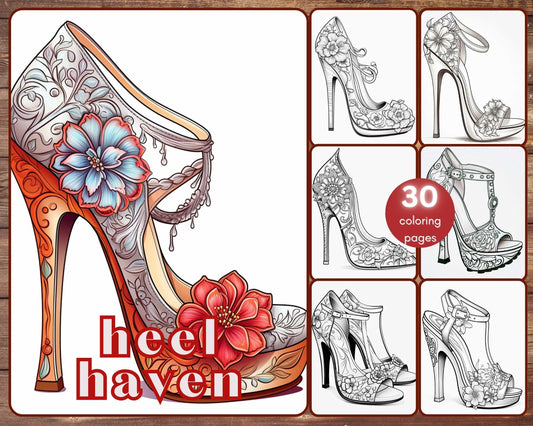 30 Women Shoes Coloring Book, Grayscale Fantasy Women's Fashion Coloring For Adults and Kids, Heel Haven, High Heels, Platform, Stiletto