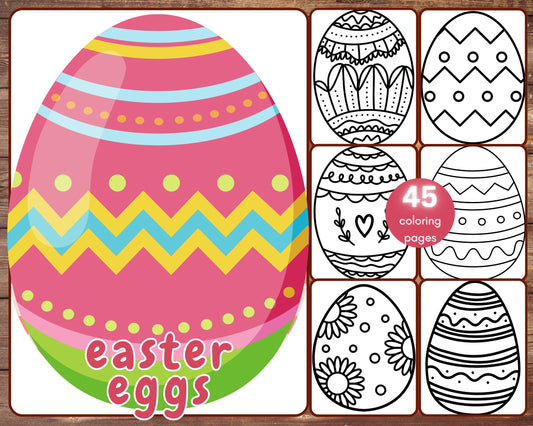 45 Easter Eggs Coloring Book, Easter Egg Decorations Coloring Pages for Adults and Kids, Stress Relief, PNG, Printable PDF, Instant Download