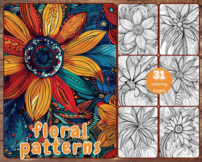 31 Flower Patterns Coloring Book, Abstract Floral Patterns Coloring Pages for Adults, Stress Relief, Printable PDF, PNG, Instant Download