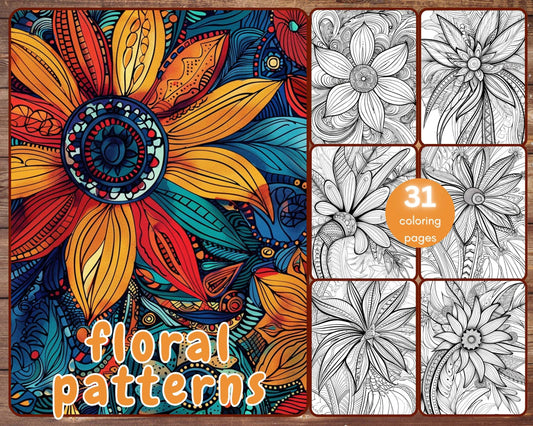 31 Flower Patterns Coloring Book, Abstract Floral Patterns Coloring Pages for Adults, Stress Relief, Printable PDF, PNG, Instant Download