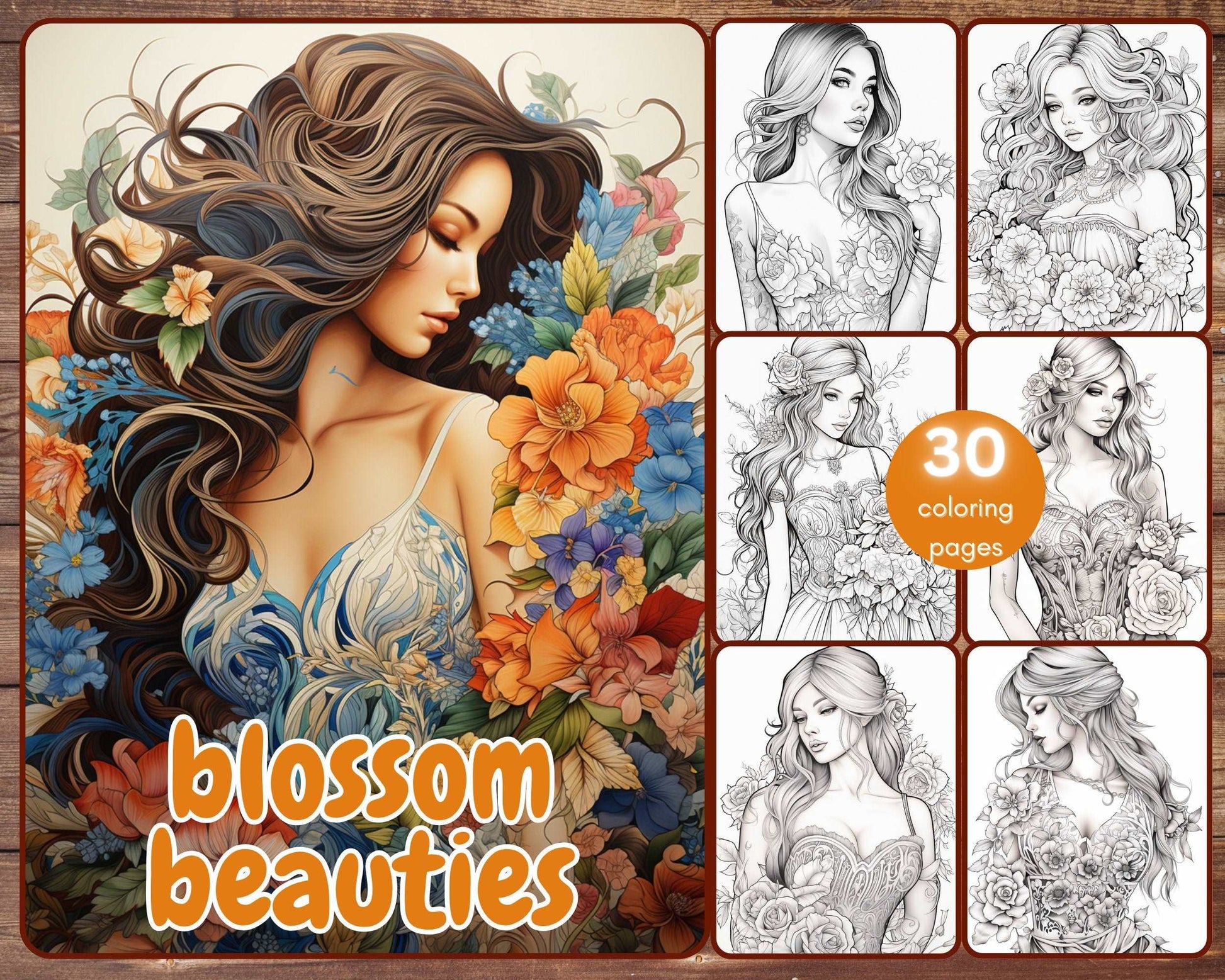 30 Women in Floral Dresses Coloring Book, Grayscale Fantasy Blossom Beauties Coloring For Adults, Beautiful Woman and Dresses, Printable PDF