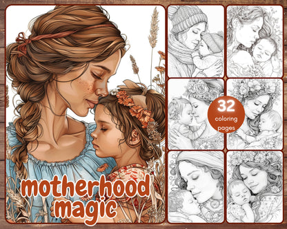 32 Mothers and Babies Coloring Book, Grayscale Motherhood Coloring for Adults, Mother's Day, Child, Printable PDF, Instant Download