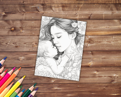 32 Mothers and Babies Coloring Book, Grayscale Motherhood Coloring for Adults, Mother's Day, Child, Printable PDF, Instant Download