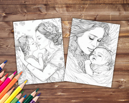 32 Mothers and Babies Coloring Book, Grayscale Motherhood Coloring for Adults, Mother's Day, Child, Printable PDF, Instant Download