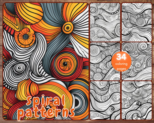 34 Spiral Patterns Coloring Book, Relaxing Patterns for Stress Relief for Adults and Teens, Abstract, Printable PDF, Instant Download