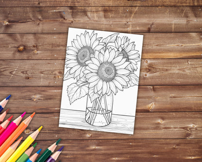 37 Sunflowers Coloring Book, Grayscale Sunflower Coloring Pages for Adults and Kids, Botanical, Floral, Spring, Printable PDF