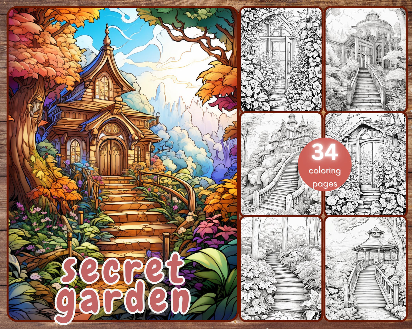 34 Secret Garden Coloring Book, Grayscale Fantasy Enchanted Forest Coloring Book for Adults, Secret Pathways, Instant Download, Printable