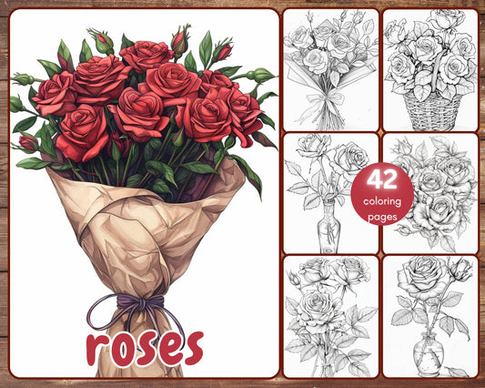 42 Roses Coloring Book, Grayscale Rose Bouquet Coloring Pages for Adults and Kids, Petals, Floral, Romantic, Printable PDF