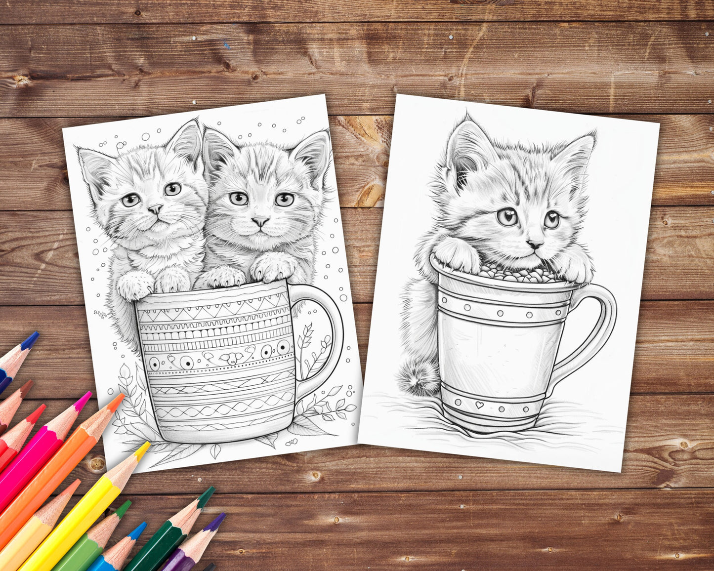 33 Kittens in a Mug Coloring Book, Grayscale Cute Cats Coloring Pages for Adults Kids, Flowers, Printable PDF, Instant Download