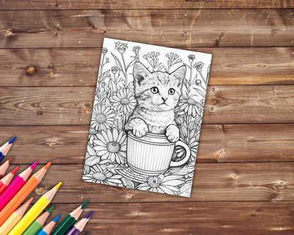 33 Kittens in a Mug Coloring Book, Grayscale Cute Cats Coloring Pages for Adults Kids, Flowers, Printable PDF, Instant Download