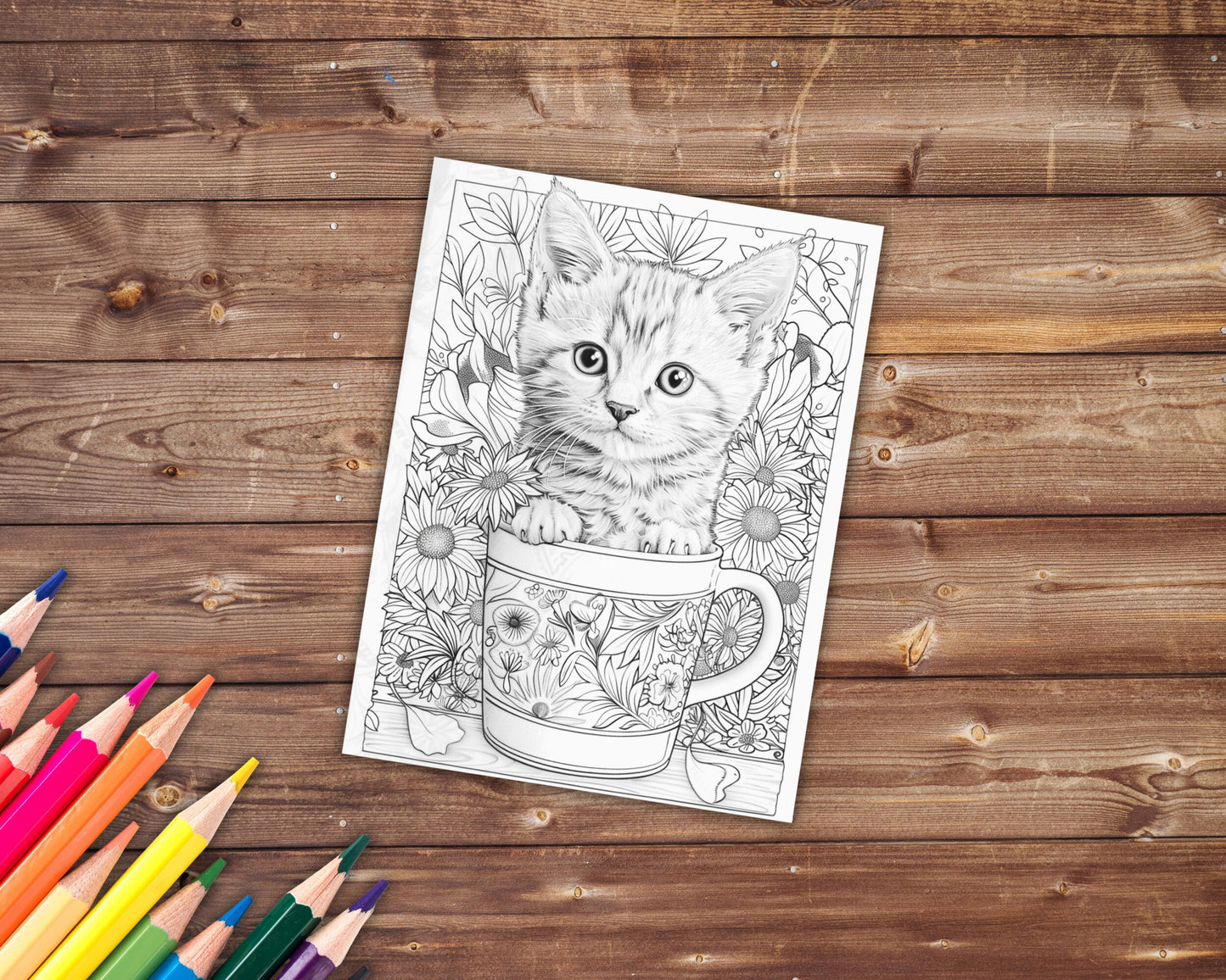 33 Kittens in a Mug Coloring Book, Grayscale Cute Cats Coloring Pages for Adults Kids, Flowers, Printable PDF, Instant Download