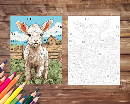 Lamb Paint by Number, Farm Animal Color By Number for Adults, Printable Coloring Pages Sheets, Digital Download, PDF&PNG