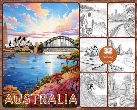 32 Australia Coloring Book, Grayscale Down Under Coloring Pages for Adults, Sydney, Surf, Kangaroo, Travel Destinations, Printable PDF