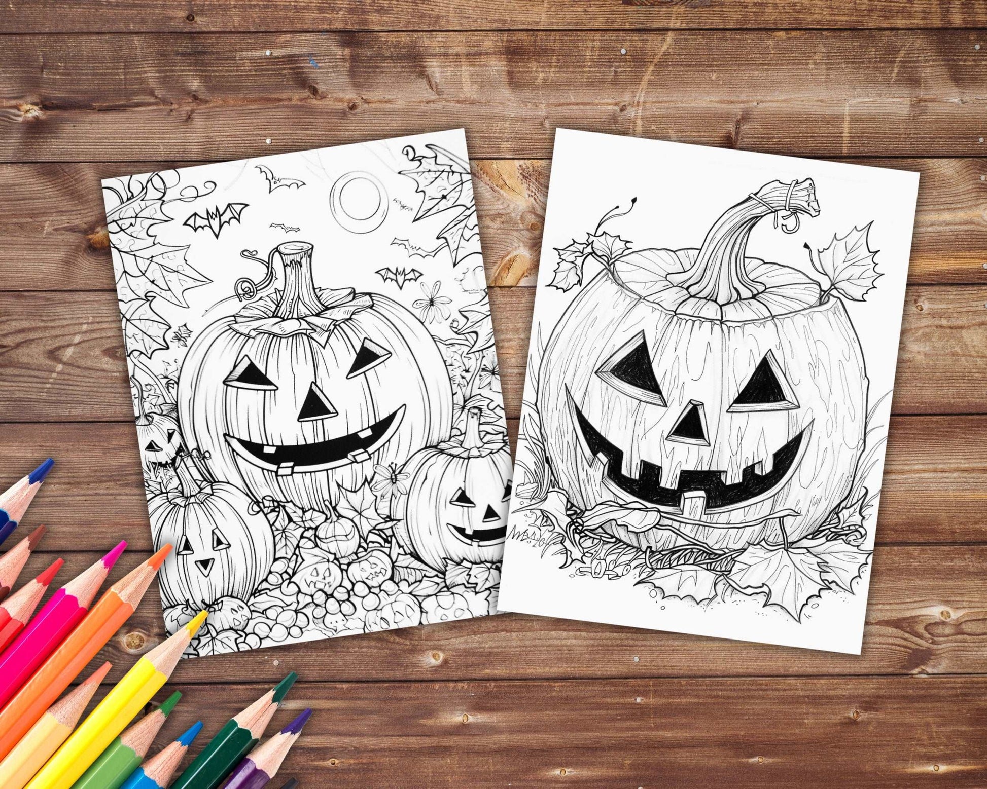 31 Spooky Pumpkins Coloring Book, Grayscale Halloween Coloring Pages for Adults and Kids, Carved Pumpkins, Printable PDF, Instant Download