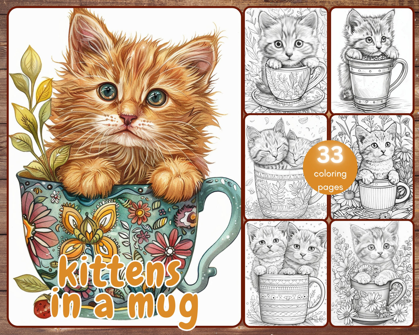 33 Kittens in a Mug Coloring Book, Grayscale Cute Cats Coloring Pages for Adults Kids, Flowers, Printable PDF, Instant Download