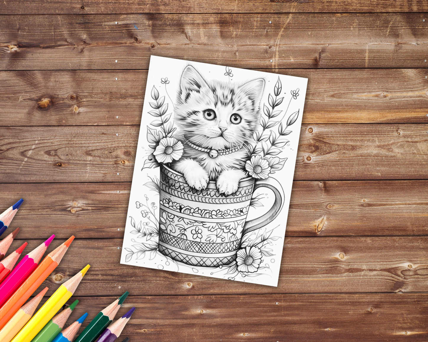 33 Kittens in a Mug Coloring Book, Grayscale Cute Cats Coloring Pages for Adults Kids, Flowers, Printable PDF, Instant Download