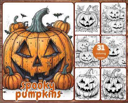 31 Spooky Pumpkins Coloring Book, Grayscale Halloween Coloring Pages for Adults and Kids, Carved Pumpkins, Printable PDF, Instant Download