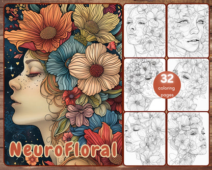 32 Flower Patterns Coloring Book, Relaxing Patterns for Stress Relief for Adults and Teens, Neurographics, Printable PDF, Instant Download