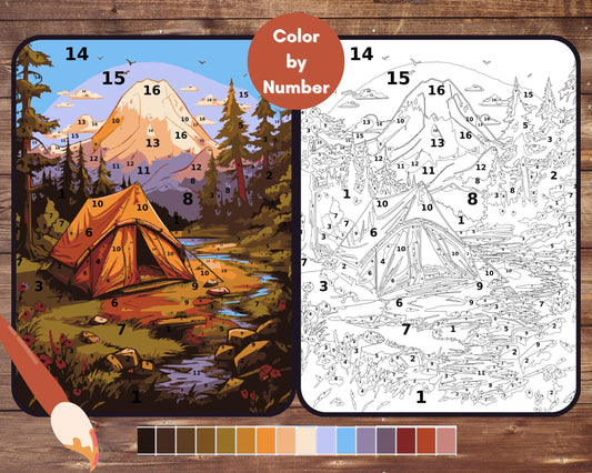 Color By Number for Adult, Tent Paint by Number, Camping Printable Coloring Pages Sheets, Outdoors, Nature, Digital Download, PDF, PNG, SVG