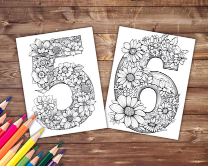 86 Alphabet and Numbers Coloring Book, Grayscale Letters Coloring Pages for Adults, Flowers, Printable PDF, Instant Download