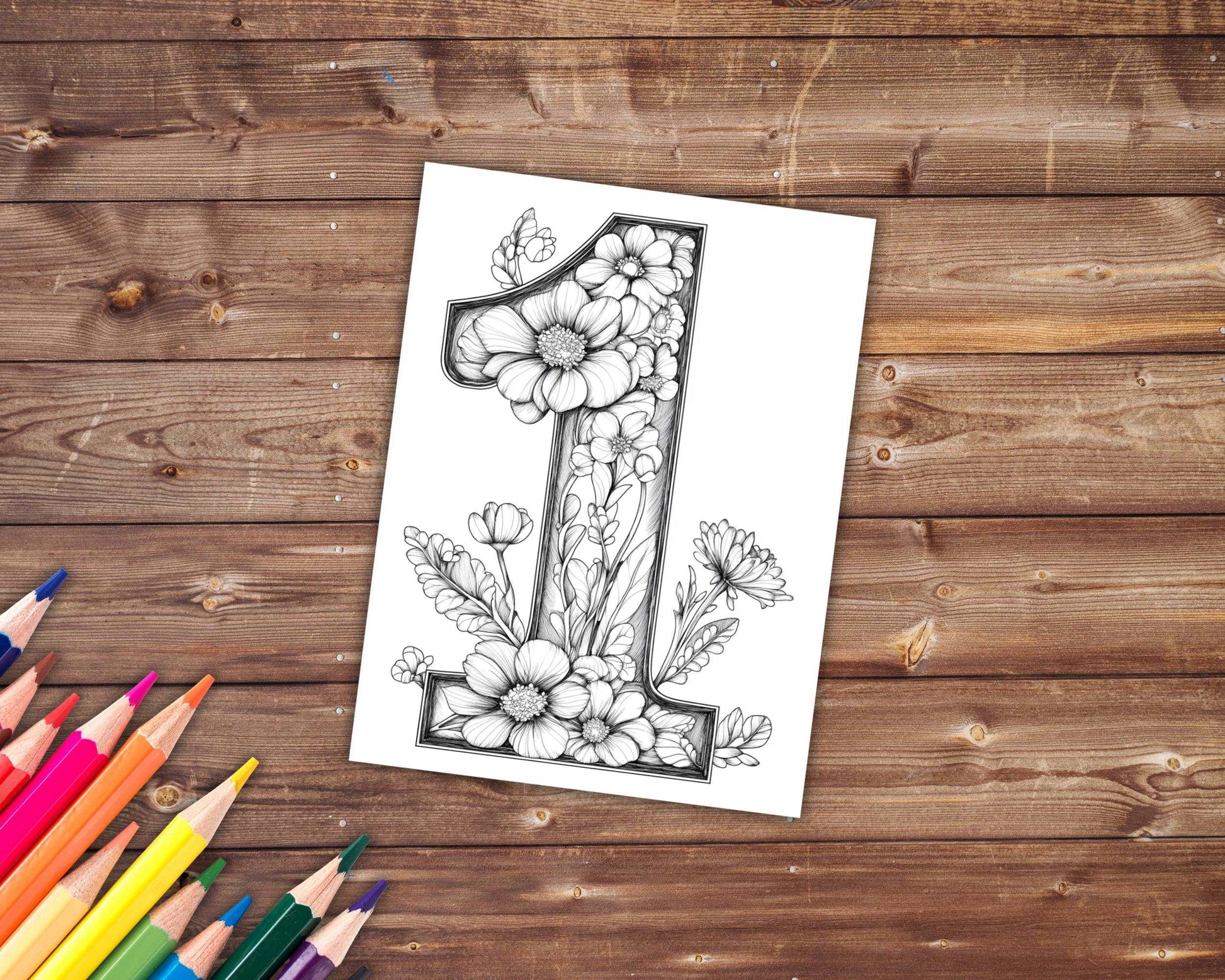 30 Numbers Coloring Book, Grayscale Numbers Coloring Pages for Adults, Numbers with Flowers, Printable PDF, Instant Download