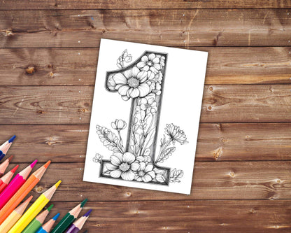 30 Numbers Coloring Book, Grayscale Numbers Coloring Pages for Adults, Numbers with Flowers, Printable PDF, Instant Download