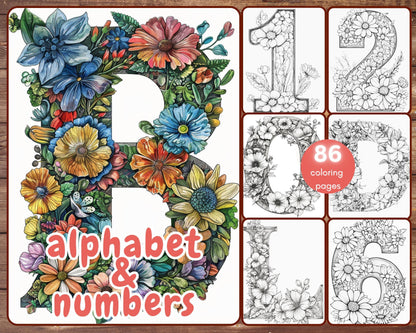 86 Alphabet and Numbers Coloring Book, Grayscale Letters Coloring Pages for Adults, Flowers, Printable PDF, Instant Download