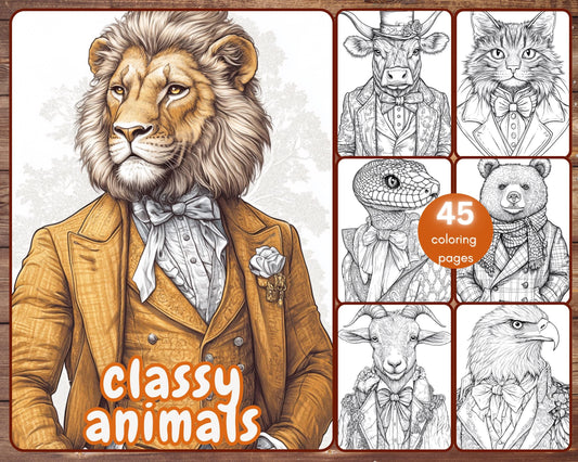 45 Classy Animals Coloring Book, Grayscale Victorian Animals Coloring Pages for Adults, Historical, Printable PDF, Instant Download