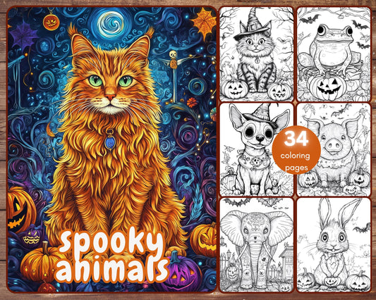 34 Spooky Animals Coloring Book, Grayscale Halloween Animals Coloring Pages for Adults and Kids, Pumpkins, Printable PDF, Instant Download