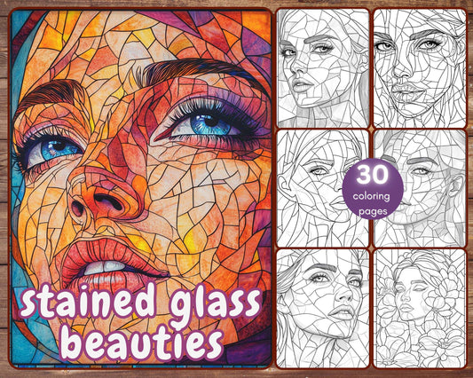 30 Stained Glass Beauties Coloring Book, Grayscale Women's Face Coloring For Adults and Kids, Beautiful Woman Faces, Printable PDF