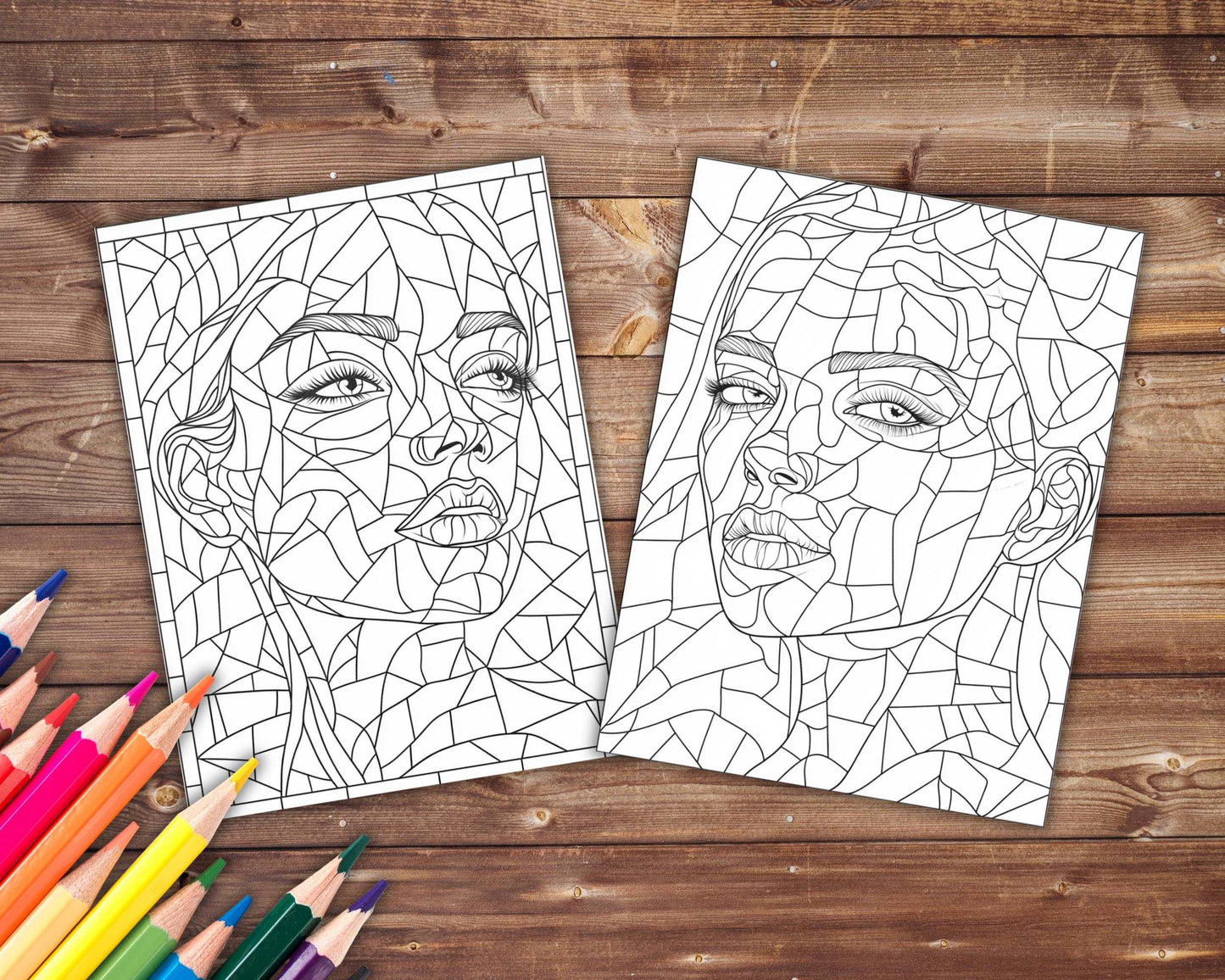 30 Stained Glass Beauties Coloring Book, Grayscale Women's Face Coloring For Adults and Kids, Beautiful Woman Faces, Printable PDF