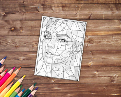 30 Stained Glass Beauties Coloring Book, Grayscale Women's Face Coloring For Adults and Kids, Beautiful Woman Faces, Printable PDF