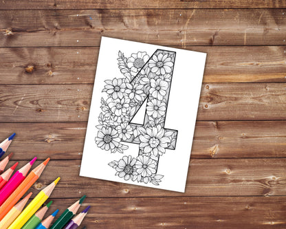 86 Alphabet and Numbers Coloring Book, Grayscale Letters Coloring Pages for Adults, Flowers, Printable PDF, Instant Download