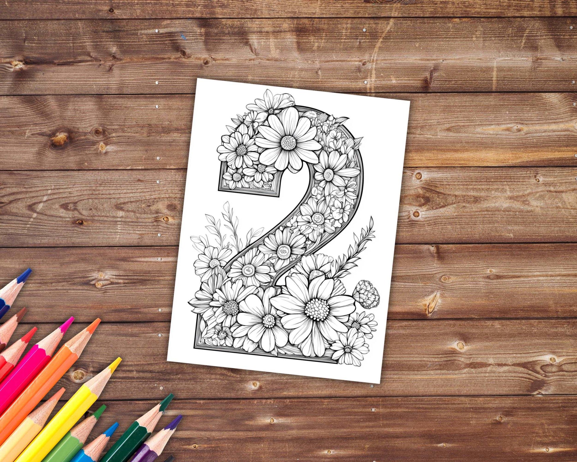 30 Numbers Coloring Book, Grayscale Numbers Coloring Pages for Adults, Numbers with Flowers, Printable PDF, Instant Download