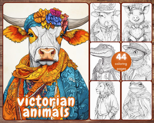 44 Victorian Animals Coloring Book, Grayscale Classy Animals Coloring Pages for Adults, Historical, Printable PDF, Instant Download