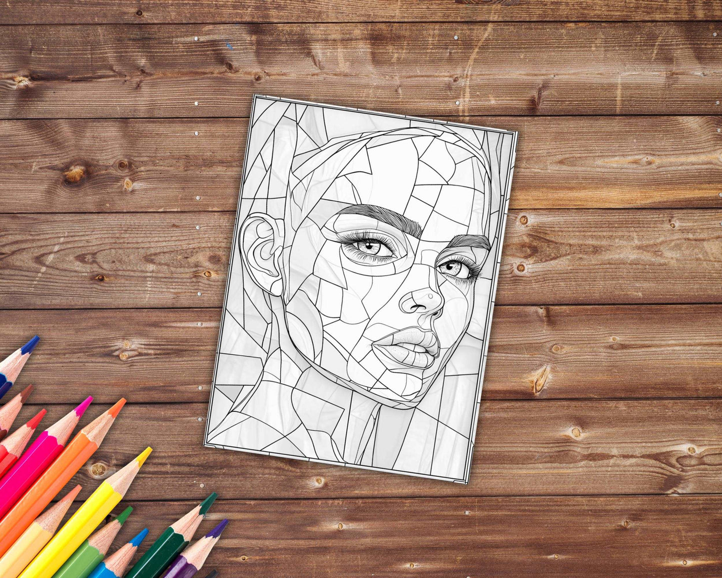 30 Stained Glass Beauties Coloring Book, Grayscale Women's Face Coloring For Adults and Kids, Beautiful Woman Faces, Printable PDF