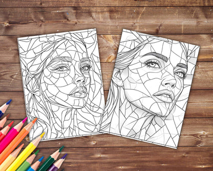 30 Stained Glass Beauties Coloring Book, Grayscale Women's Face Coloring For Adults and Kids, Beautiful Woman Faces, Printable PDF