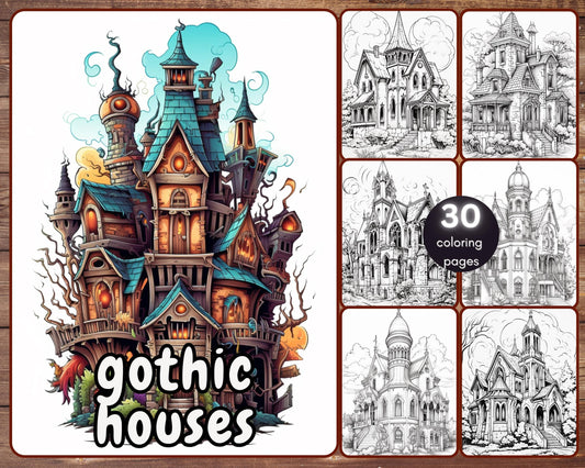 printable gothic houses coloring book