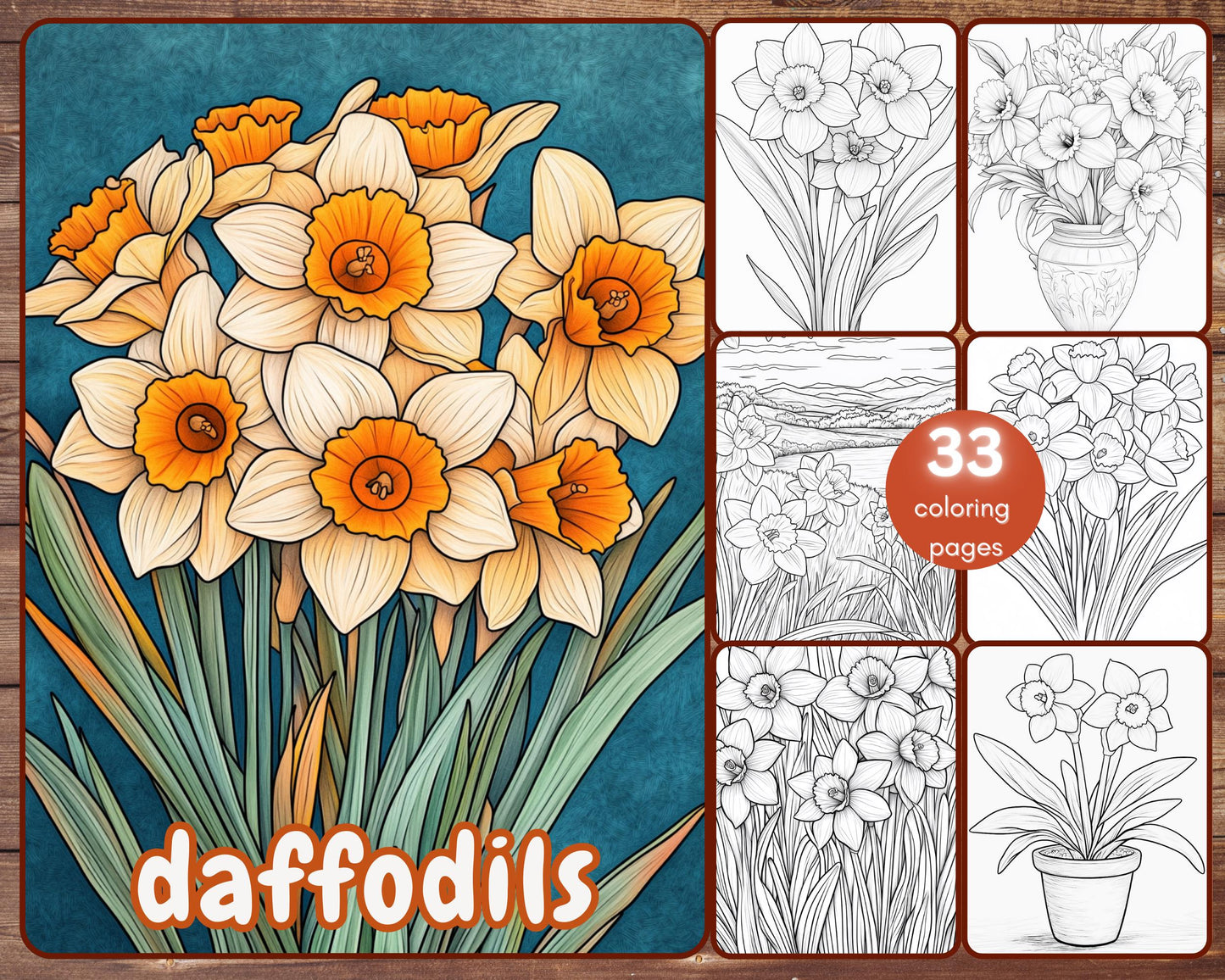 33 Daffodil Coloring Book, Grayscale Flowers Coloring Pages for Adults and Kids, Bouquet, Floral, Spring, Printable PDF