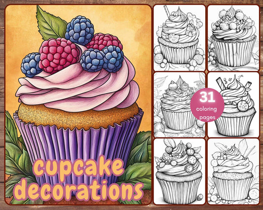 31 Cupcakes Coloring Book, Grayscale Cupcake Decorations Coloring Pages for Adults and Kids, Christmas, Instant Download, Printable PDF