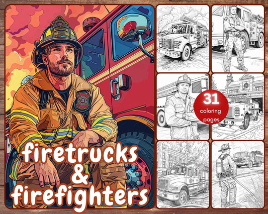 31 Firetrucks and Firefighters Coloring Book, Grayscale Trucks Coloring Pages for Adults, Fire Station, Printable PDF, Instant Download