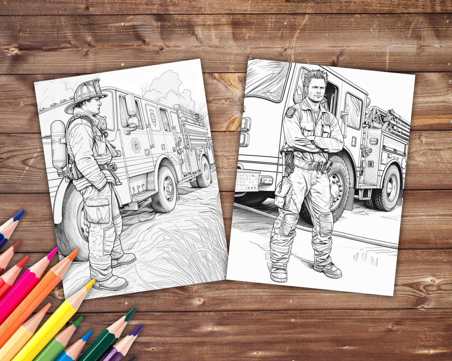 31 Firetrucks and Firefighters Coloring Book, Grayscale Trucks Coloring Pages for Adults, Fire Station, Printable PDF, Instant Download