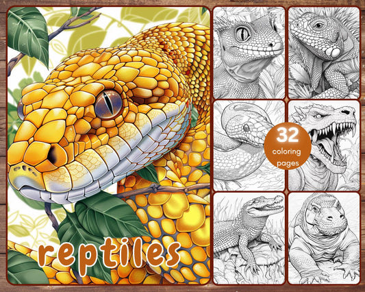 32 Reptiles Coloring Book, Grayscale Lizards Coloring Pages for Adults and Kids, Snakes, Geckos, Printable PDF, Instant Download