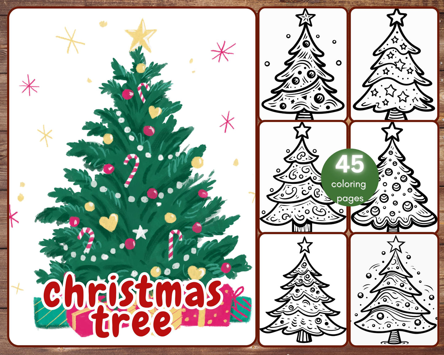 45 Christmas Tree Coloring Book, Christmas Coloring Pages for Adults and Kids, Festive,  Holiday, Instant Download, Printable PDF