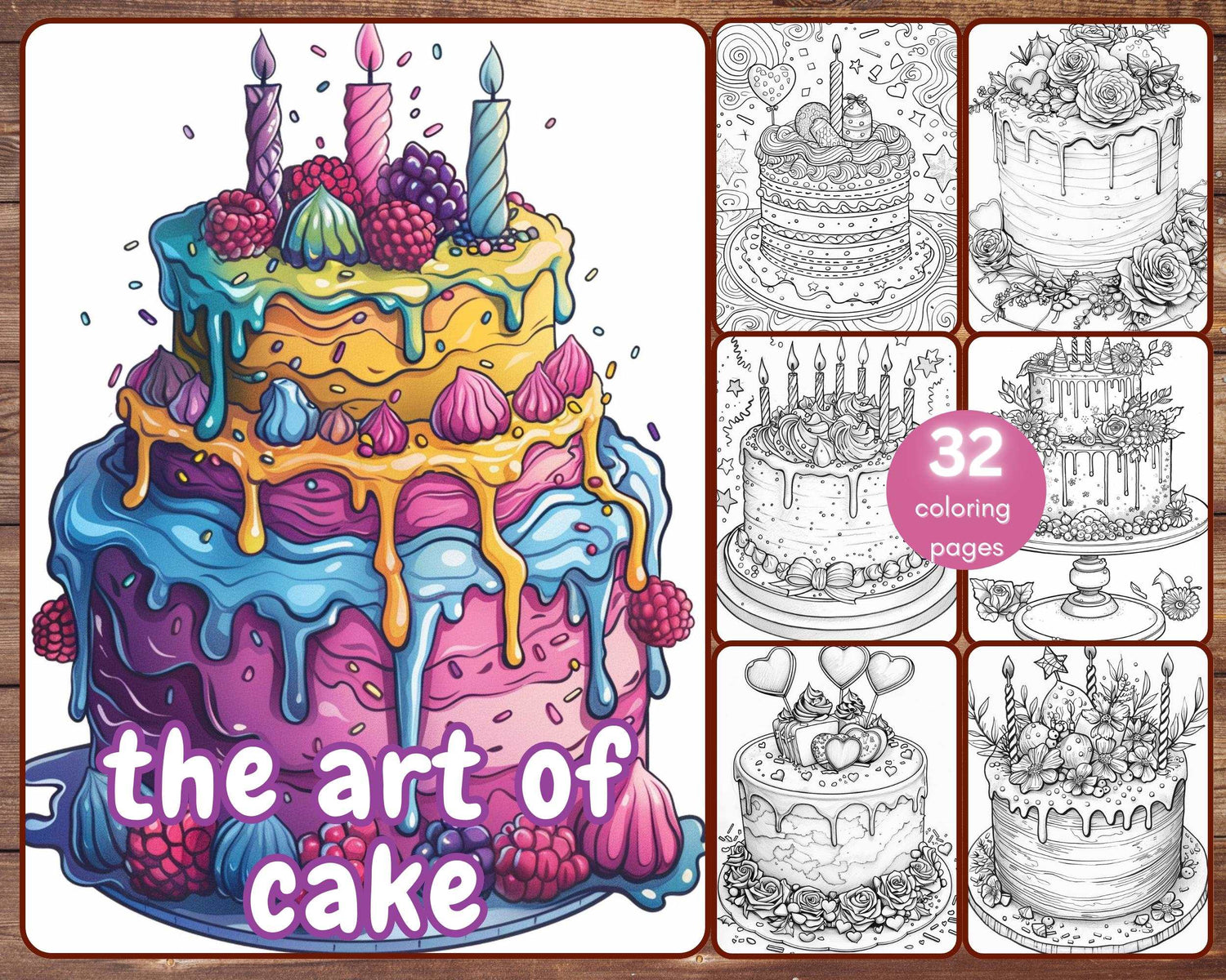 32 Cake Decorations Coloring Book, Grayscale The Art of Cake Coloring Pages for Adults and Kids, Birthday Cakes, Instant, Printable PDF