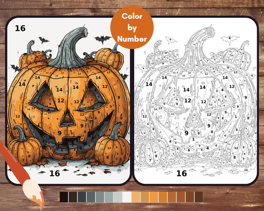 Halloween Color By Number for Adults, Spooky Pumpkin Paint by Number, Printable Coloring Pages Sheets, Digital Download, PDF