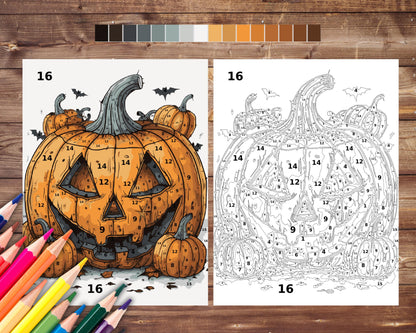 Halloween Color By Number for Adults, Spooky Pumpkin Paint by Number, Printable Coloring Pages Sheets, Digital Download, PDF