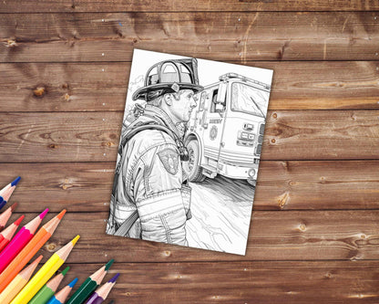 31 Firetrucks and Firefighters Coloring Book, Grayscale Trucks Coloring Pages for Adults, Fire Station, Printable PDF, Instant Download