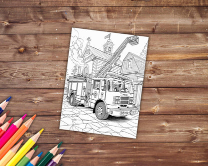 31 Firetrucks and Firefighters Coloring Book, Grayscale Trucks Coloring Pages for Adults, Fire Station, Printable PDF, Instant Download