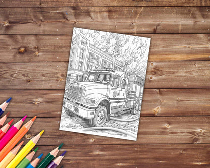 31 Firetrucks and Firefighters Coloring Book, Grayscale Trucks Coloring Pages for Adults, Fire Station, Printable PDF, Instant Download